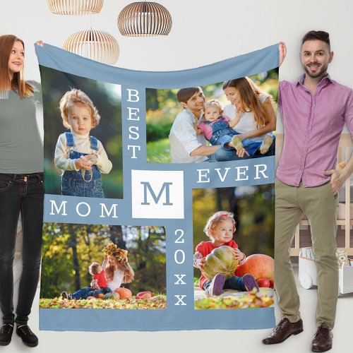 Best Mom Ever 4 Photo Editable Year Blue Fleece Blanket