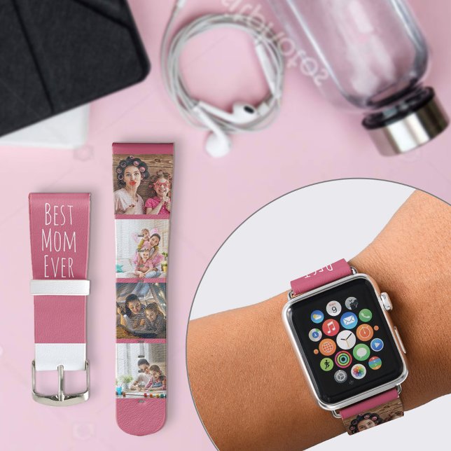 Best Mom Ever 4 Photo Skinny Font Pink White Apple Watch Band (Creator Uploaded)