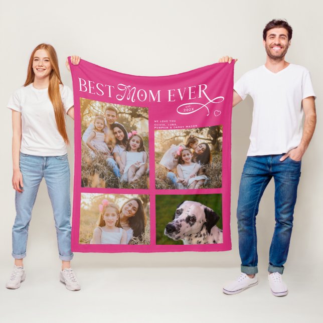 Best Mom Ever 4 Photos Heart Mothers Day Gifts Fleece Blanket (In Situ)