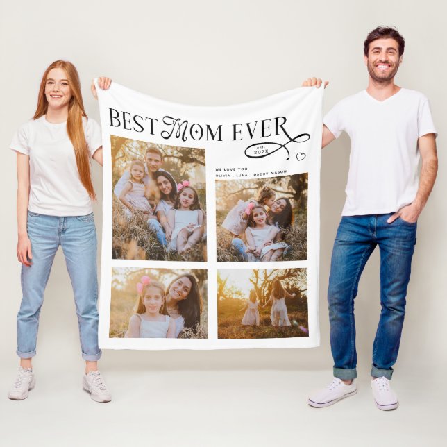 Best Mom Ever 4 Photos Heart Mothers Day Gifts Fleece Blanket (In Situ)