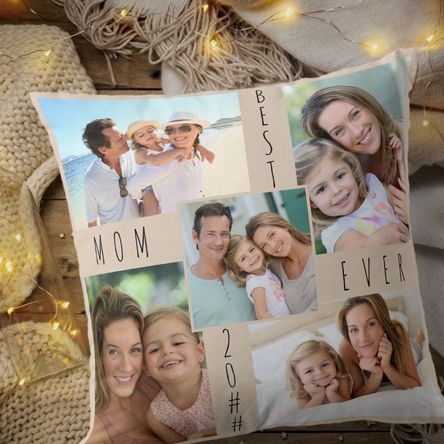 Best Mom Ever 5 Photo Collage Beige Throw Pillow (Creator Uploaded)