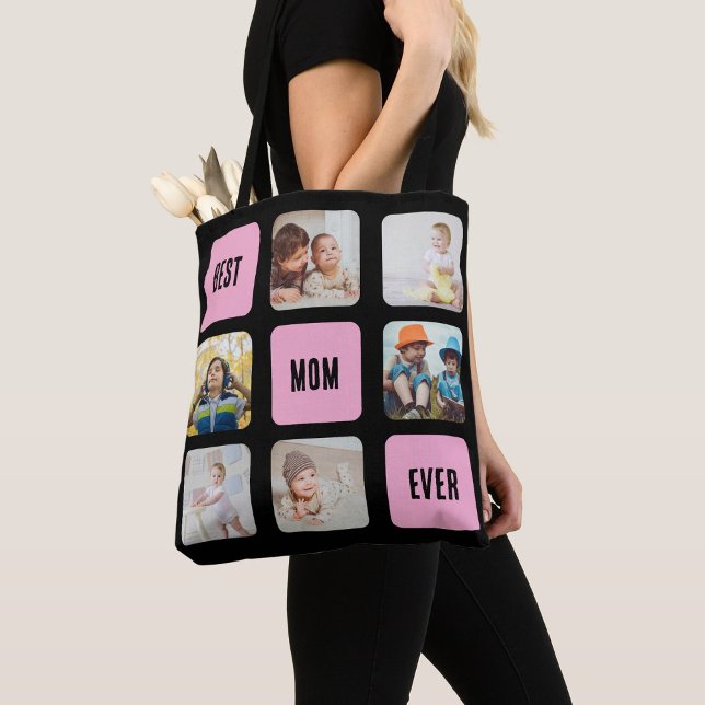 Best Mom Ever 6 Custom Photo Collage on Black Tote Bag (Creator Uploaded)