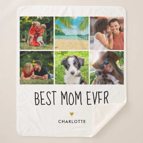 Best Mom Ever 6 Photo Collage Gold Heart Sherpa Blanket