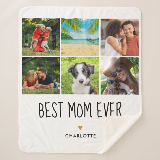 Best Mom Ever 6 Photo Collage Gold Heart Sherpa Blanket (Front)