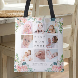 BEST MOM EVER 8 Photo Collage Floral Custom Text Tote Bag