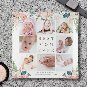 BEST MOM EVER 8 Photo Collage Floral Custom Text Trinket Tray