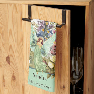 Best Mom Ever, Angel and wildflowers floral Kitchen Towel