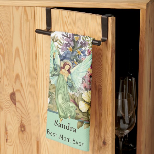 Best Mom Ever, Angel and wildflowers floral  Kitchen Towel (Thirds Fold)