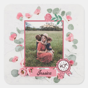 Best Mom Ever Badge Mother Photo Name Square Sticker