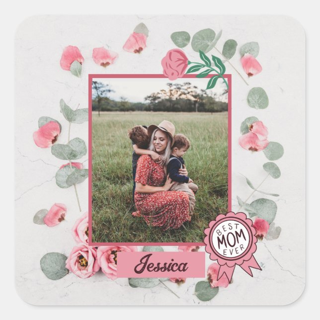 Best Mom Ever Badge Mother Photo Name Square Sticker (Front)