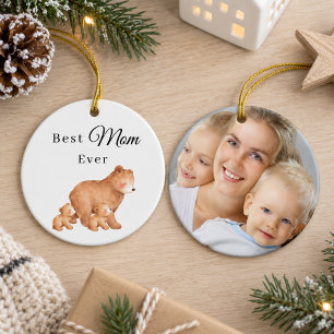 Best Mom Ever Bear Cubs Family Photo Ceramic Ornament