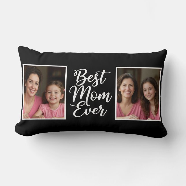 Best Mom Ever Black White Script 2 Photo Keepsake Lumbar Pillow (Front)