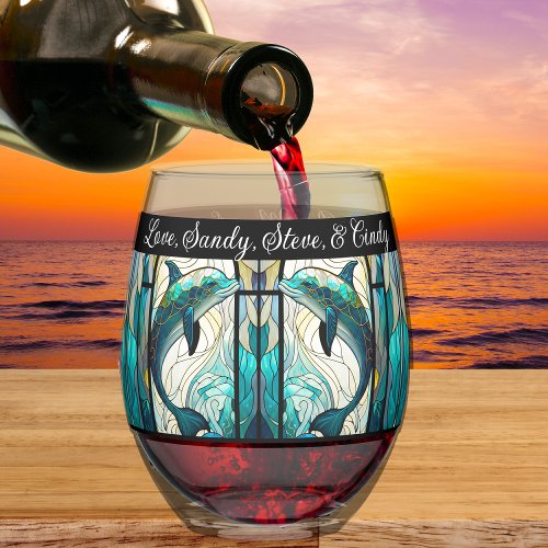 Best Mom Ever Blue and Teal Dolphin Stemless Wine Glass
