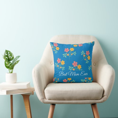 Best Mom Ever Blue Daisy Vintage Bouquet Throw Pillow