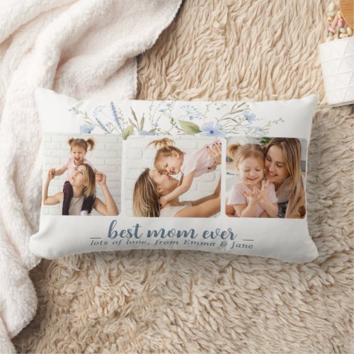 Best Mom Ever Blue Floral Photo  Lumbar Pillow