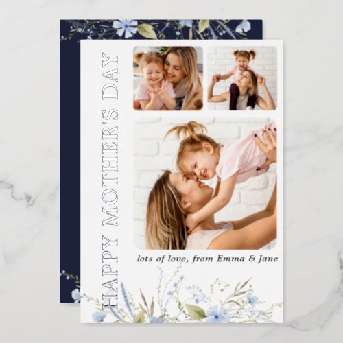 Best Mom Ever Blue Wild Floral Photo Mothers Day Foil Invitation