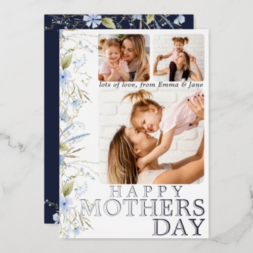 Best Mom Ever Blue Wild Floral Photo Mothers Day Foil Invitation