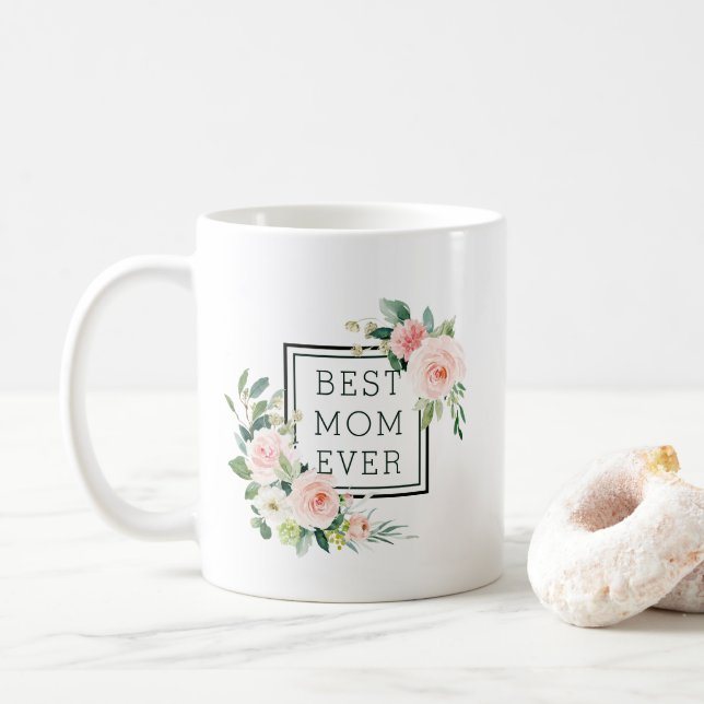 Best Mom Ever | Blush Pink Watercolor Bloom Coffee Mug (With Donut)