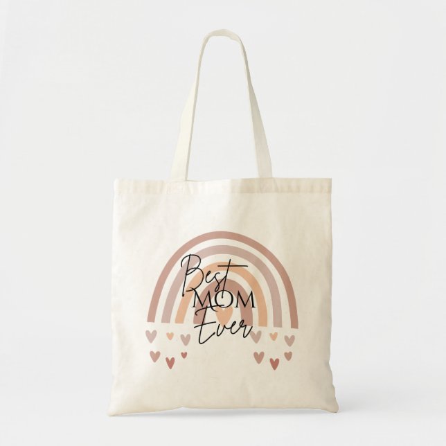 Best Mom Ever Boho Rainbow & Hearts Tote Bag (Front)