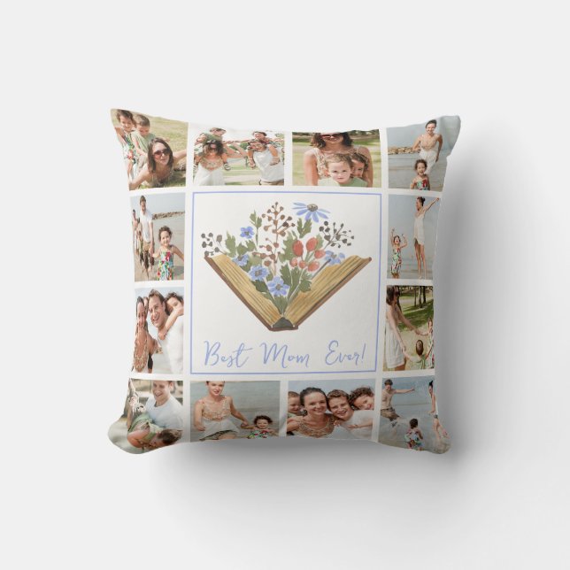 Best Mom Ever Book Flowers 12 Photo Collage  Throw Pillow (Front)