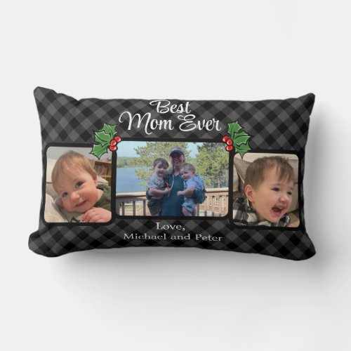 Best Mom ever Christmas classic gray Plaid Holly  Lumbar Pillow