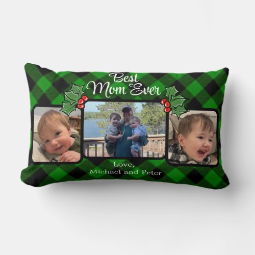 Best Mom ever Christmas classic green Plaid Holly  Lumbar Pillow