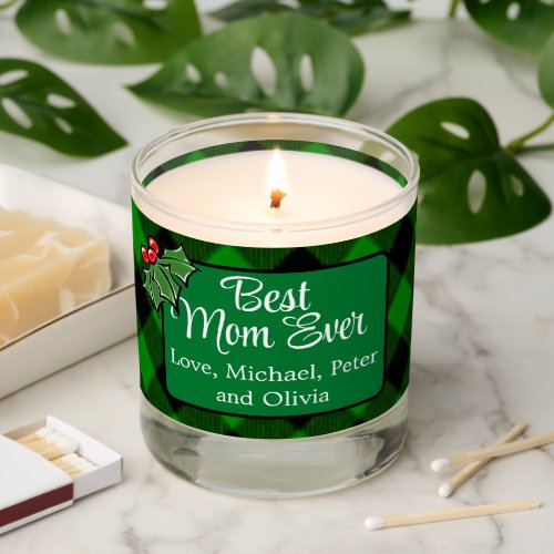 Best Mom ever Christmas classic green Plaid Holly  Scented Candle