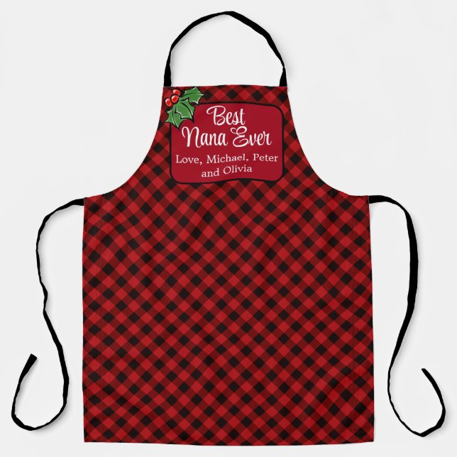 Best Mom ever Christmas classic Red Plaid Holly  Apron (Front)