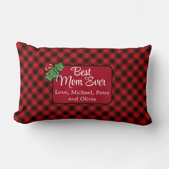 Best Mom ever Christmas classic Red Plaid Holly  Lumbar Pillow (Front)