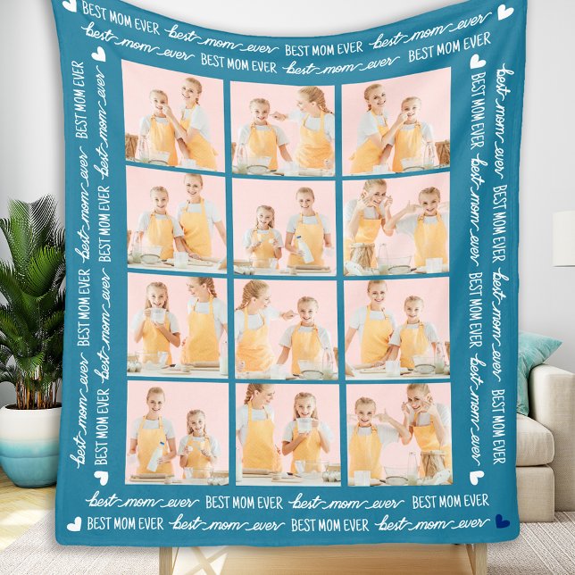 Best Mom Ever Custom 12 Photo Collage Mother's Day Fleece Blanket (Creator Uploaded)