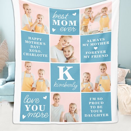 Best MOM Ever Custom 7 Photo Collage Mothers Day Fleece Blanket