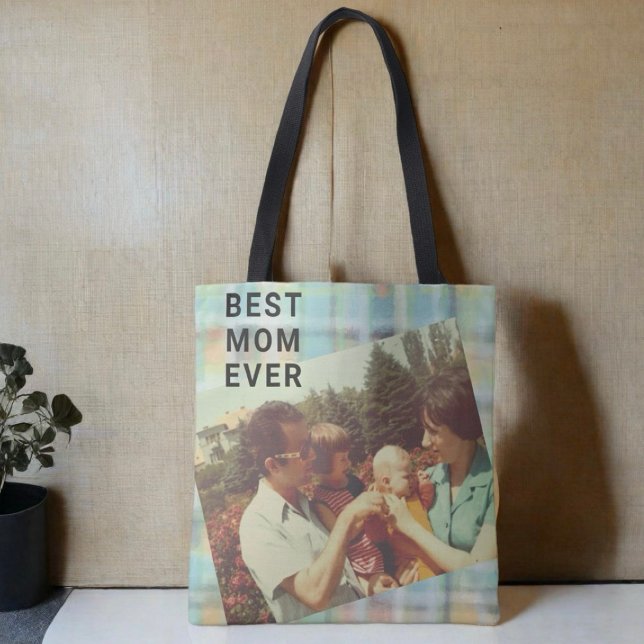 Best Mom Ever custom photo keepsake pastel plaid  Tote Bag (Photo Gift for Mom , sentimental keepsake )