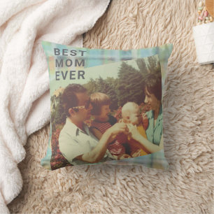 Best Mom Ever custom photo keepsake plaid pastel  Throw Pillow
