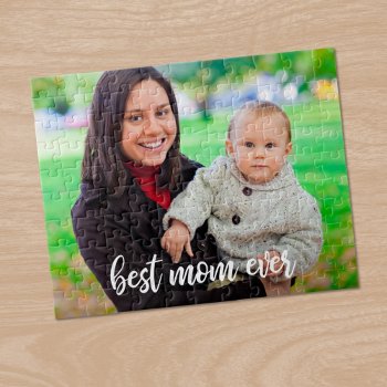 Best Mom Ever Custom Photo Modern White Script Jigsaw Puzzle by RocklawnArts at Zazzle