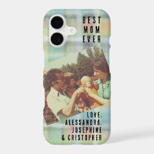 Best Mom Ever Custom Photo Name Pastel Plaid Retro iPhone 17 Case