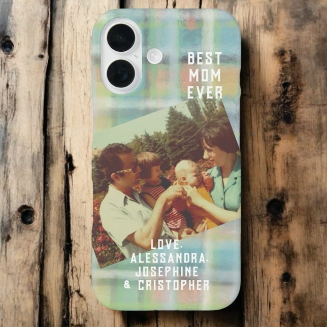 Best Mom Ever custom photo plaid pastel green cyan Case-Mate iPhone Case (Creator Uploaded)