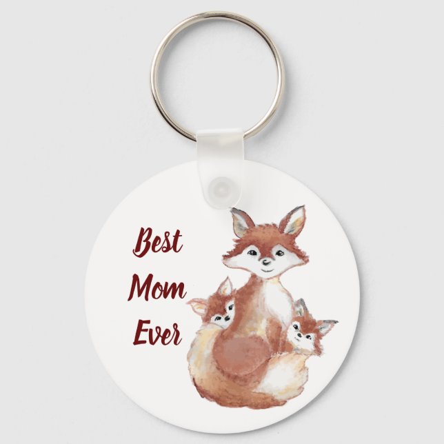 Best Mom Ever Cute Fox Family Watercolor Keychain (Front)