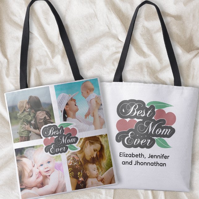Best Mom Ever Cute Heart Photo Collage Family Name Tote Bag (Creator Uploaded)
