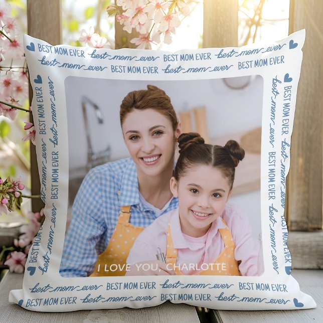 Best MOM Ever Cute Modern Photo Blue Mother's Day Throw Pillow (Creator Uploaded)