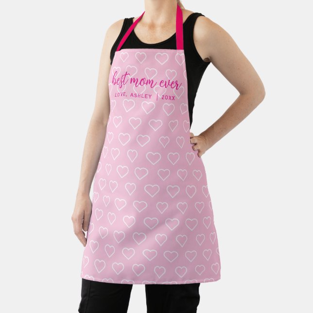 Best Mom Ever Cute Pink Heart Pattern Trendy Apron (Insitu)
