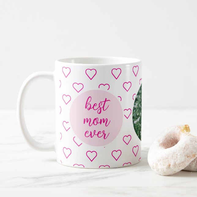 Best Mom Ever Cute Pink Hearts Photo Mother's Day Coffee Mug (With Donut)