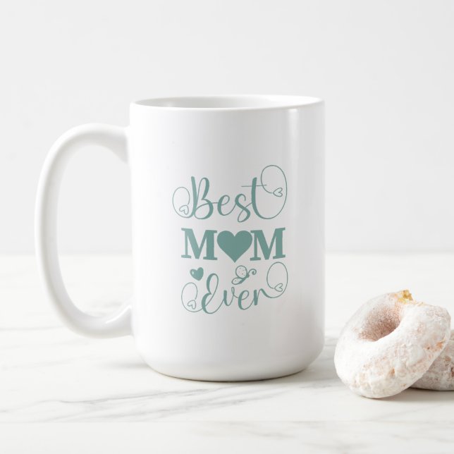 "Best Mom Ever" elegant teal script  Coffee Mug (With Donut)