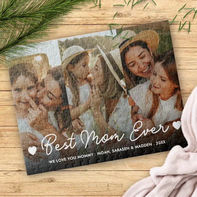 Best Mom Ever Family 3 Photo Mothers Day Script Jigsaw Puzzle | Zazzle
