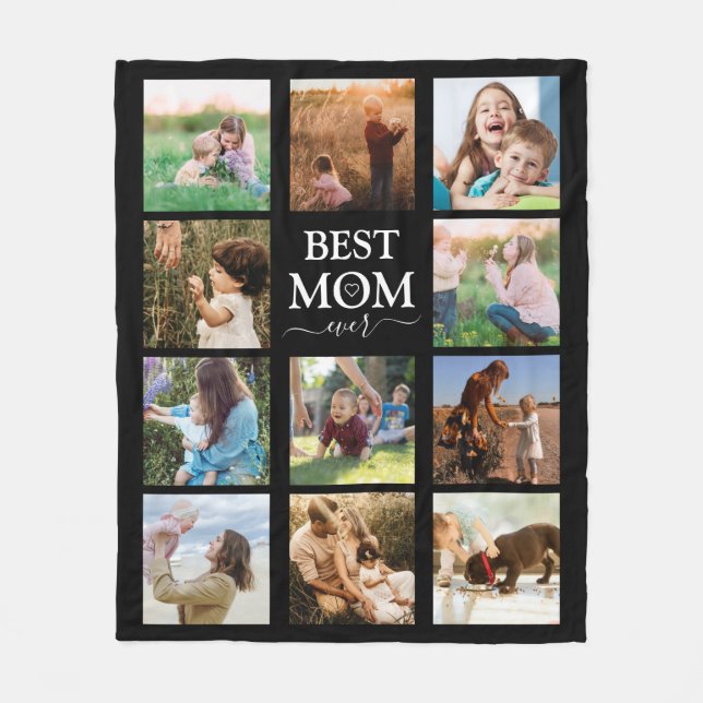 Best Mom Ever Family Photo Collage Black Fleece Blanket (Front)