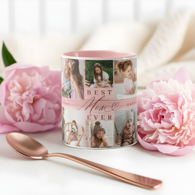 Best Mom Ever Family Photo Collage Pink Woodgrain  Mug (Best Mom Ever Family Photo Collage Pink Woodgrain Mug)