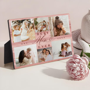 Best Mom Ever Family Photo Collage Pink Woodgrain Plaque