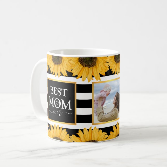 Best Mom Ever Family Photo Sunflower Black Stripes Coffee Mug (Front Left)