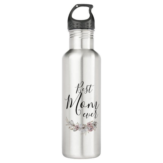 Best Mom Ever Floral Minimal Stainless Steel Water Bottle (Front)