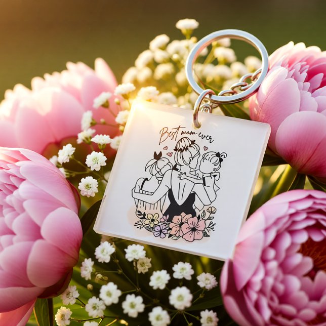 Best Mom Ever Floral Mother & Kids Illustration Keychain (Best Mom Ever Floral Mother & Kids Illustration Keychain)