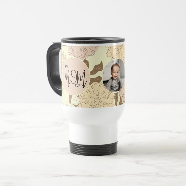 Best Mom Ever Floral Pattern Photo Travel Mug (Front Left)